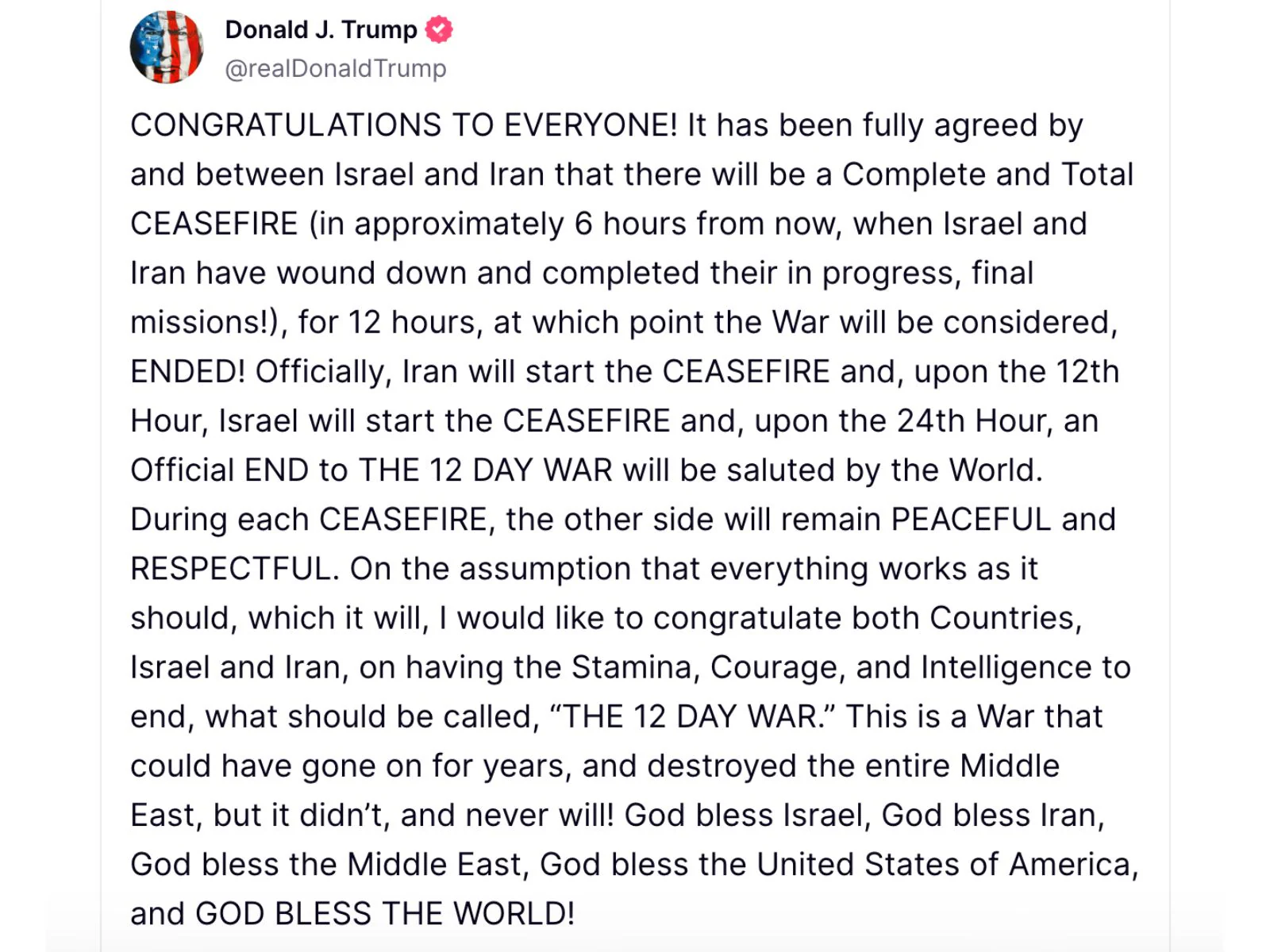 Screenshot of Trump's Truth Social post