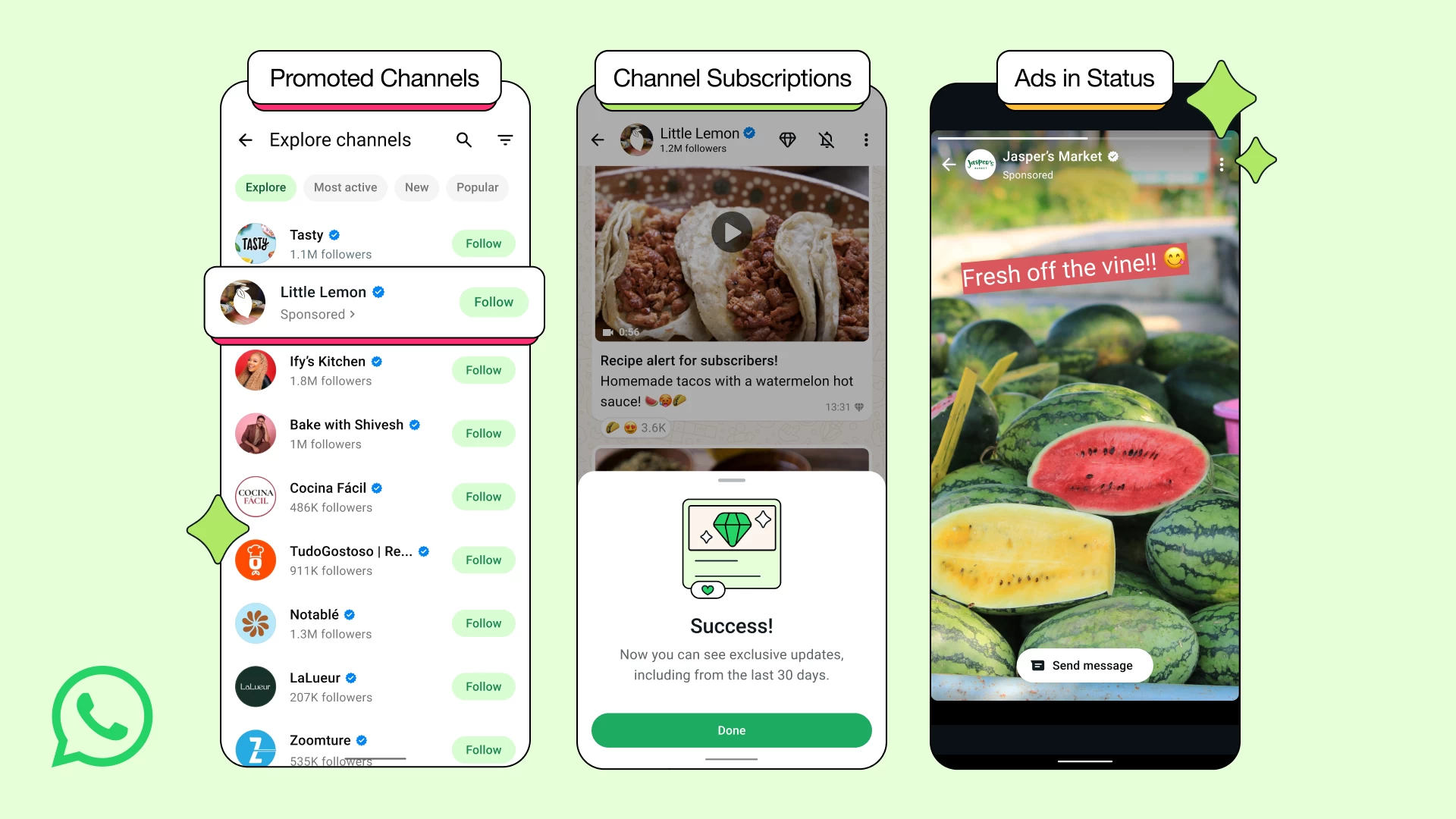 WhatsApp Status section with example ads