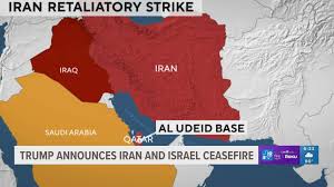 Map showing ceasefire regions between Israel and Iran